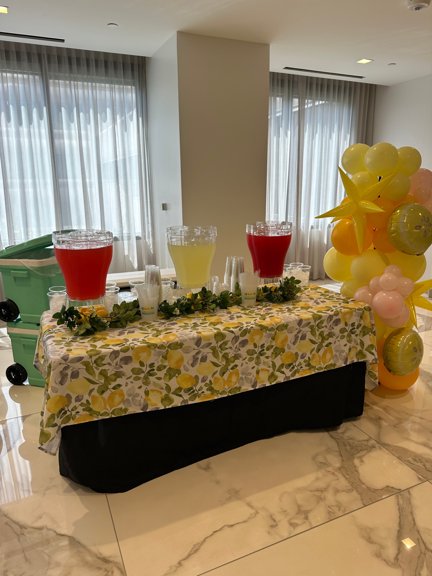 Party table setup with lemonade dispensers